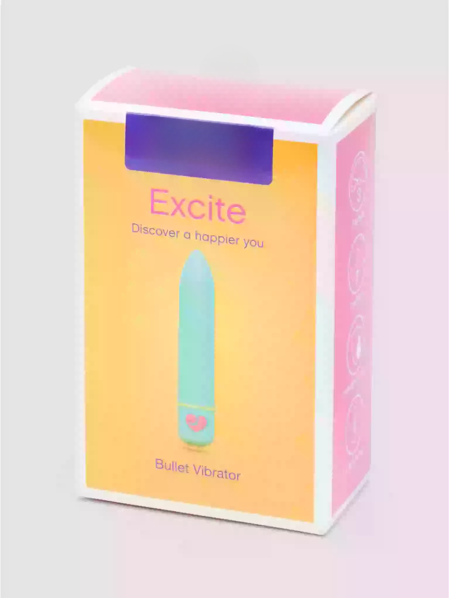 Box of a 'Excite' bullet vibrator with a pastel design on a light gray background