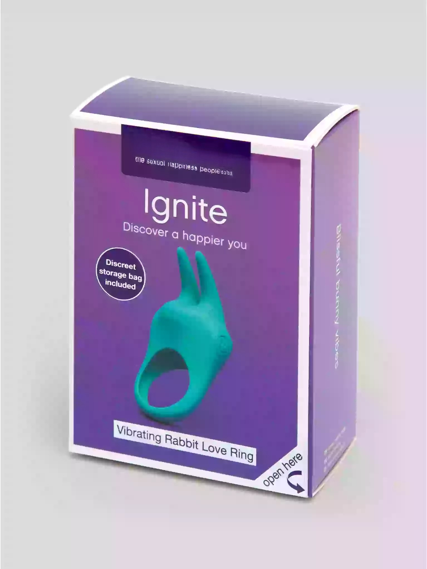 Box of a vibrating rabbit love ring with purple and green design on a light gray background