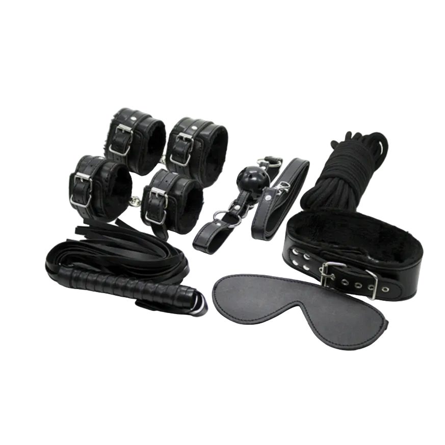 Collection of black bondage accessories on a white background