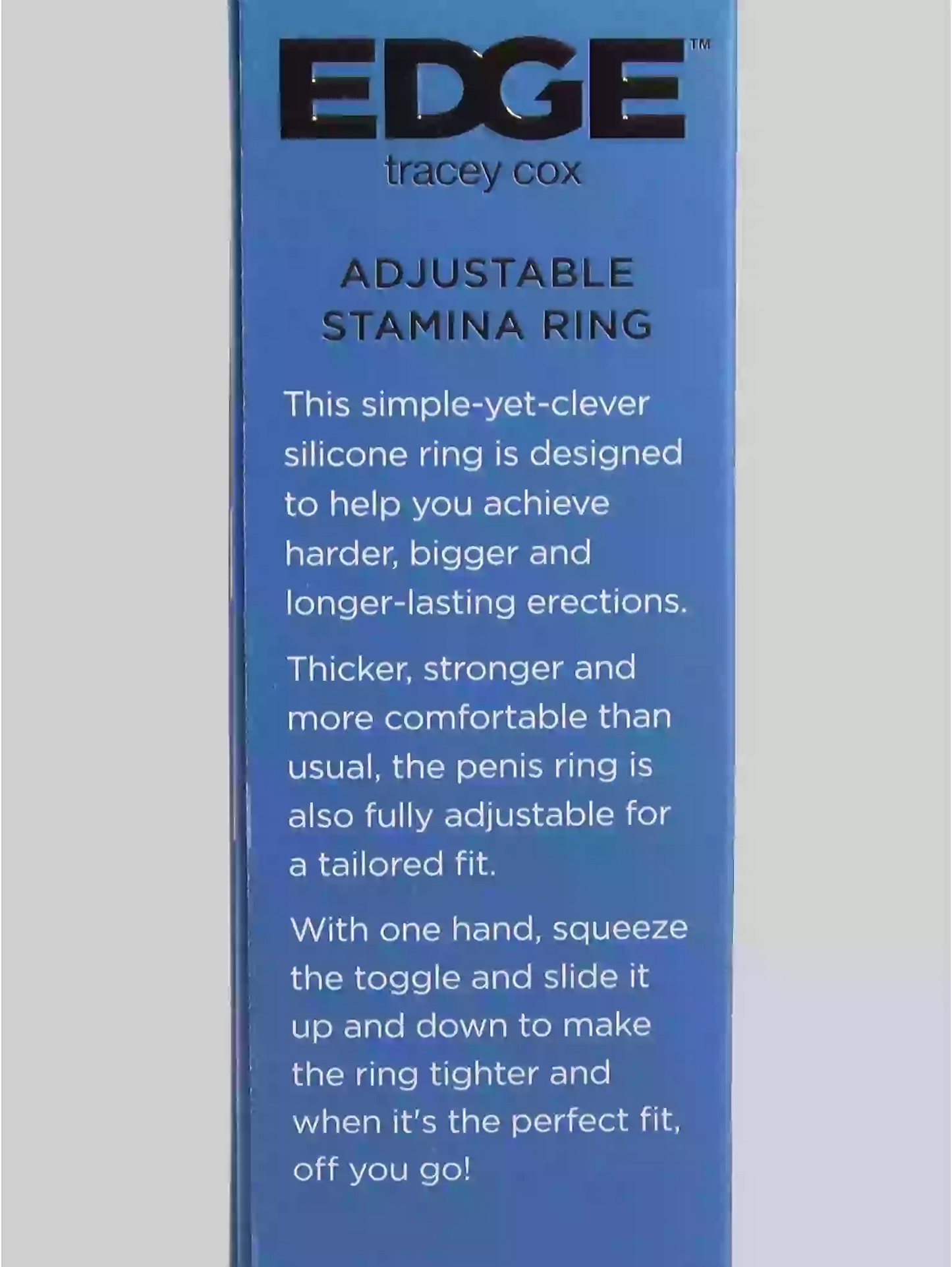 Advertisement for an adjustable stamina ring by Tracey Cox on a blue background