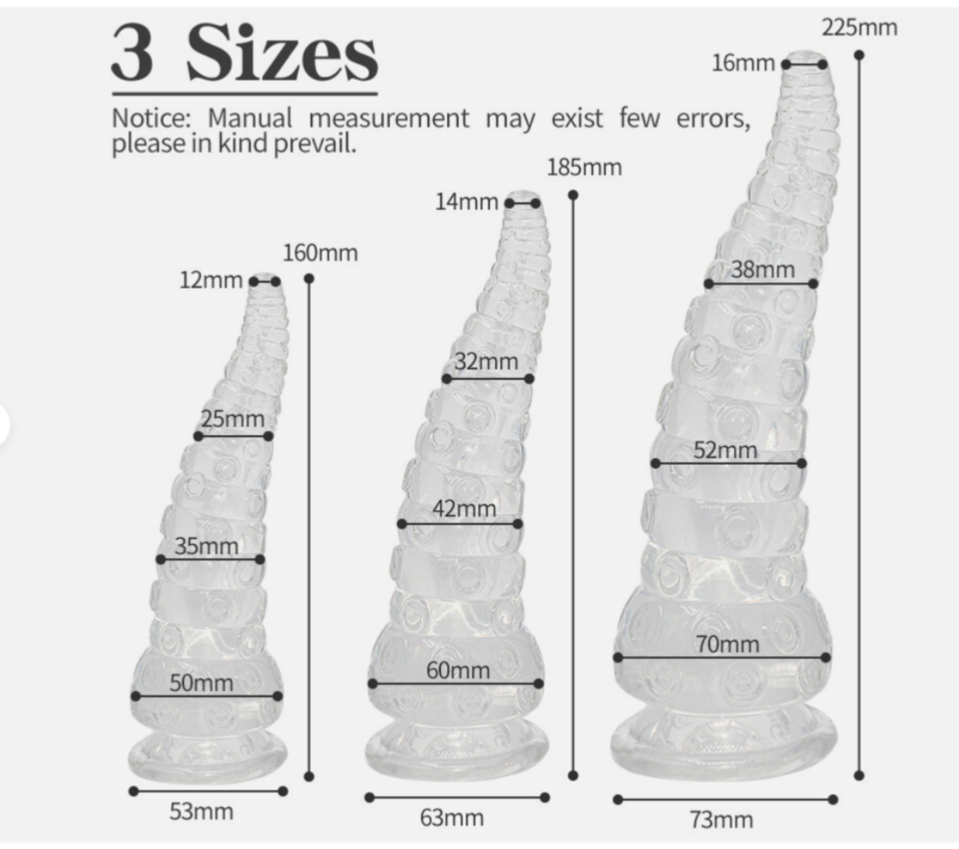 Measurement chart of three cone-shaped objects with dimensions labeled.