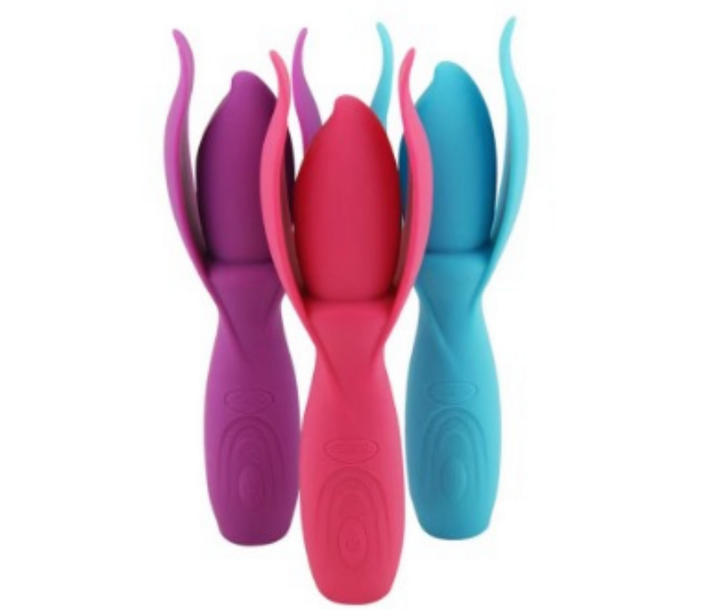 Three colorful tools with handles in purple, pink, and blue on a white background