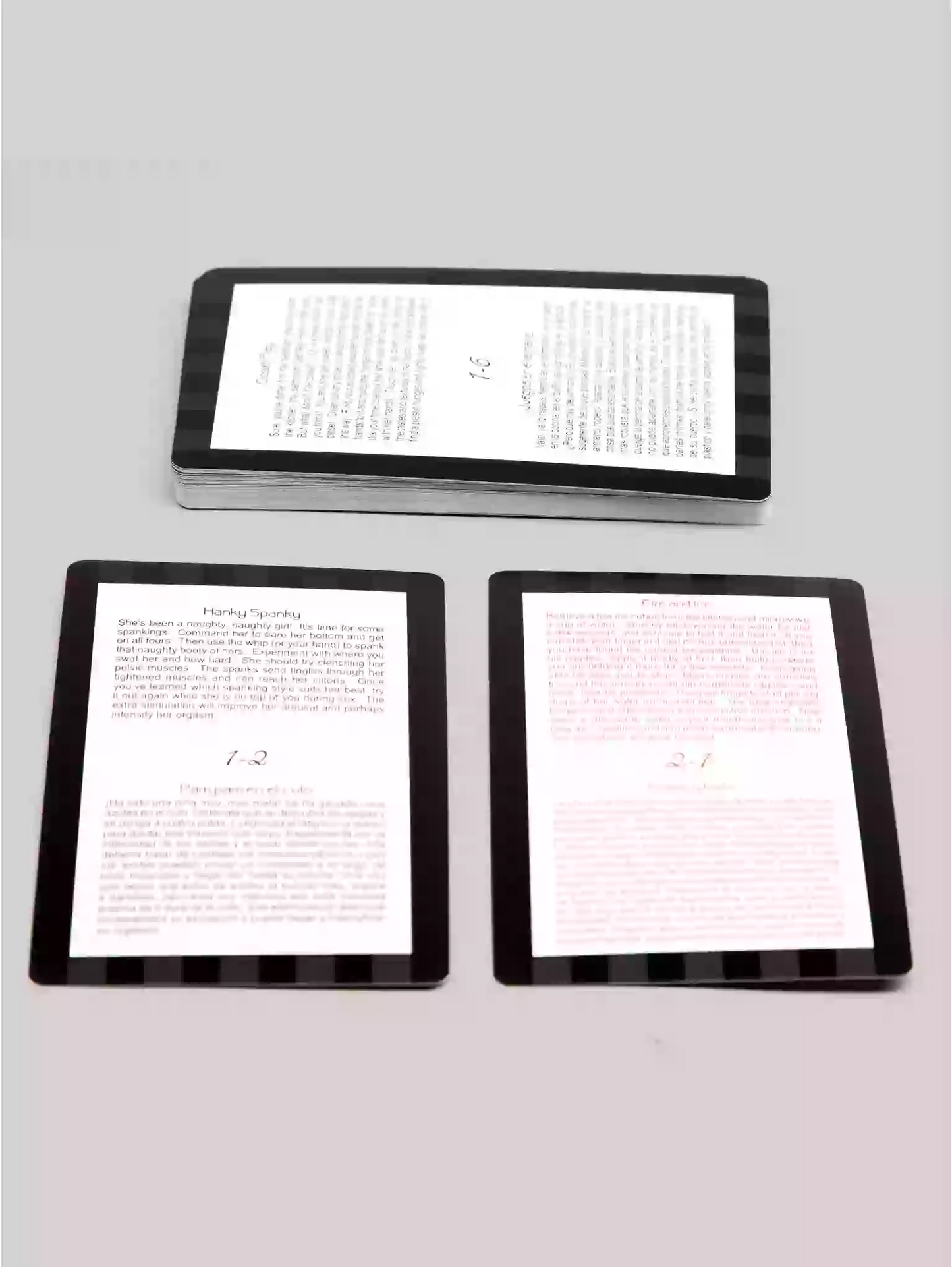 Three electronic devices displaying text on a gray background