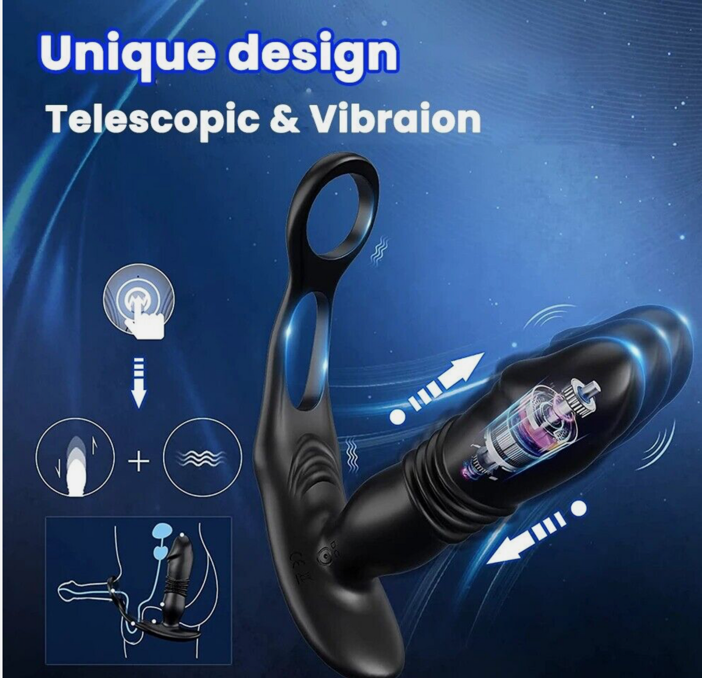 Telescopic and vibration device with blue background and text highlighting features