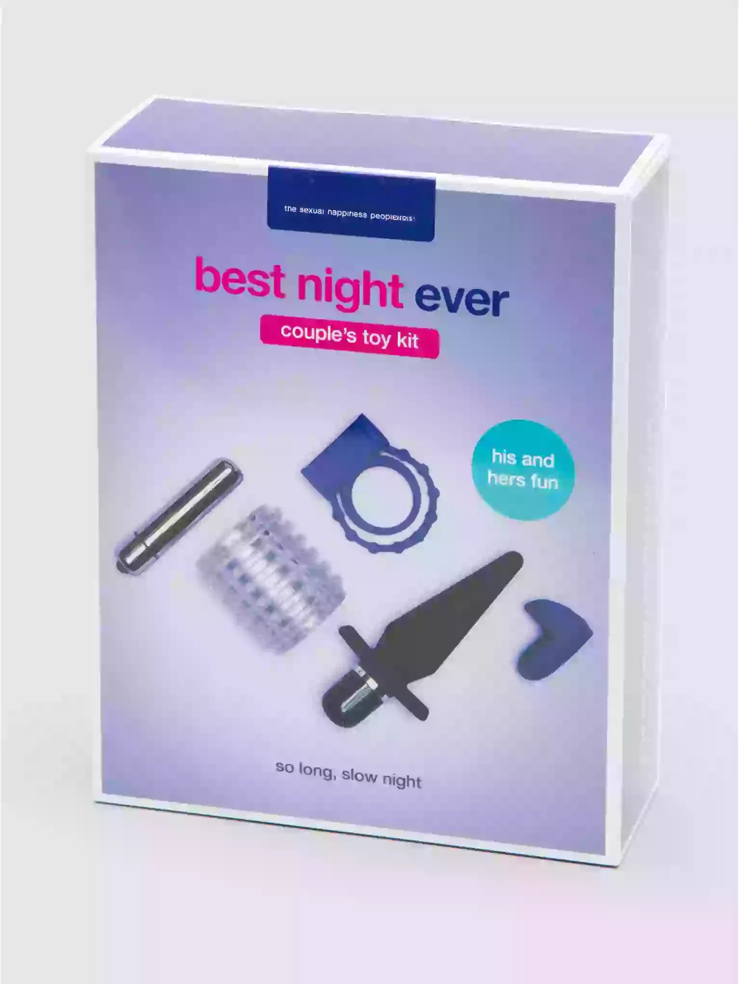Box labeled 'best night ever' with illustrations of toys on a light gray background