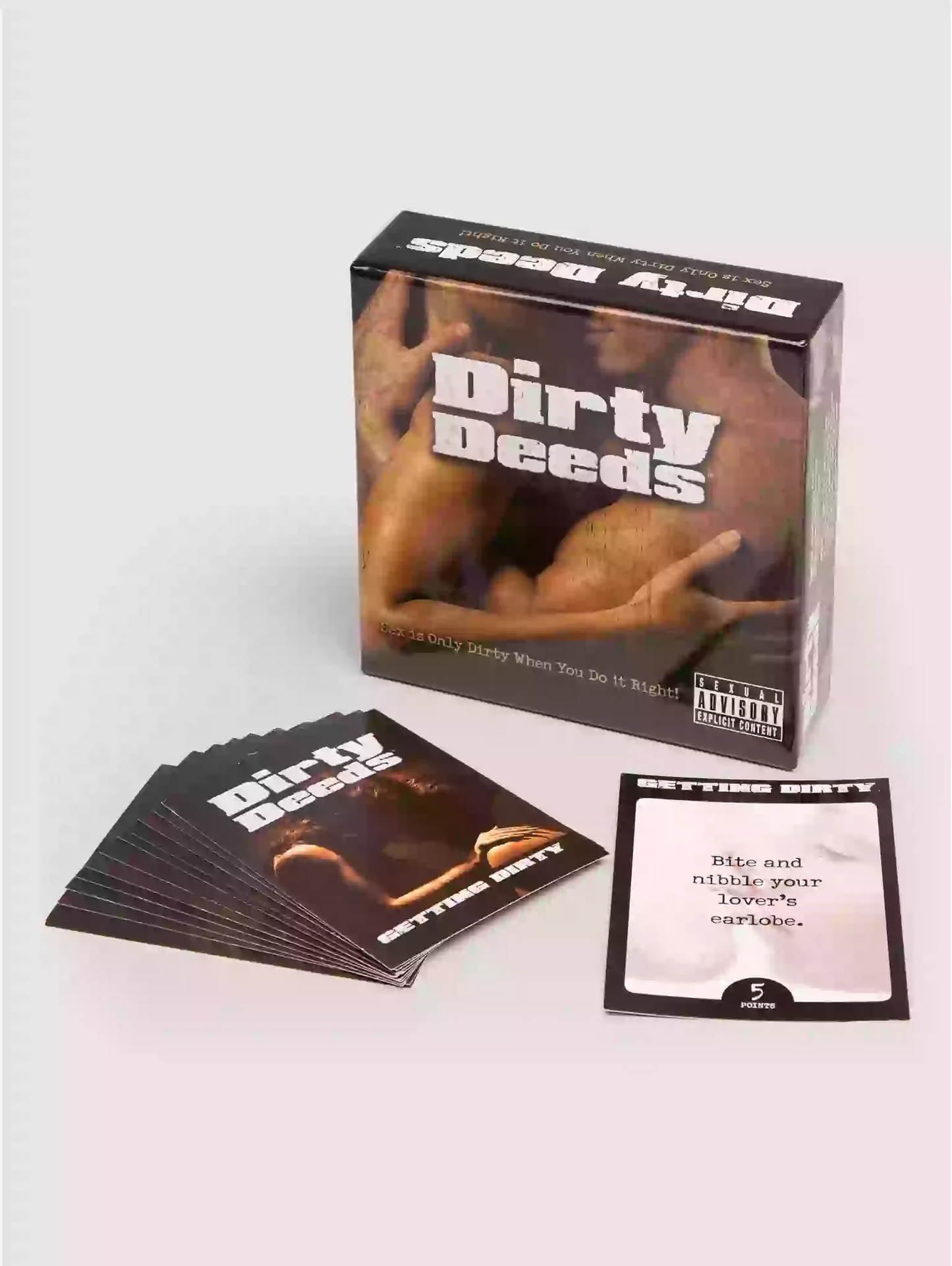 Box and cards from a product called 'Dirty Deeds' on a white background