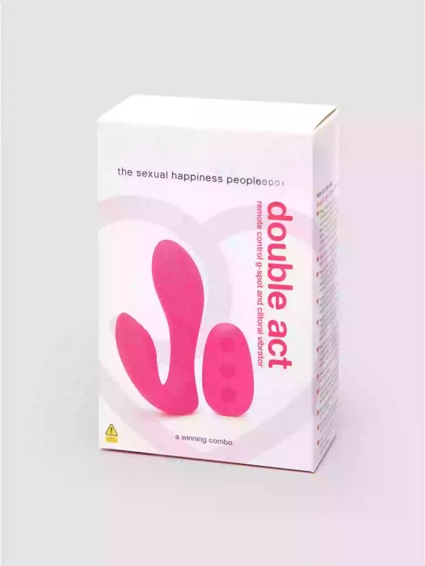 Product packaging for 'double act' with pink illustrations on a white background