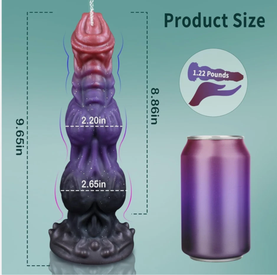 Colorful candle with measurements and a can for scale on a light blue background