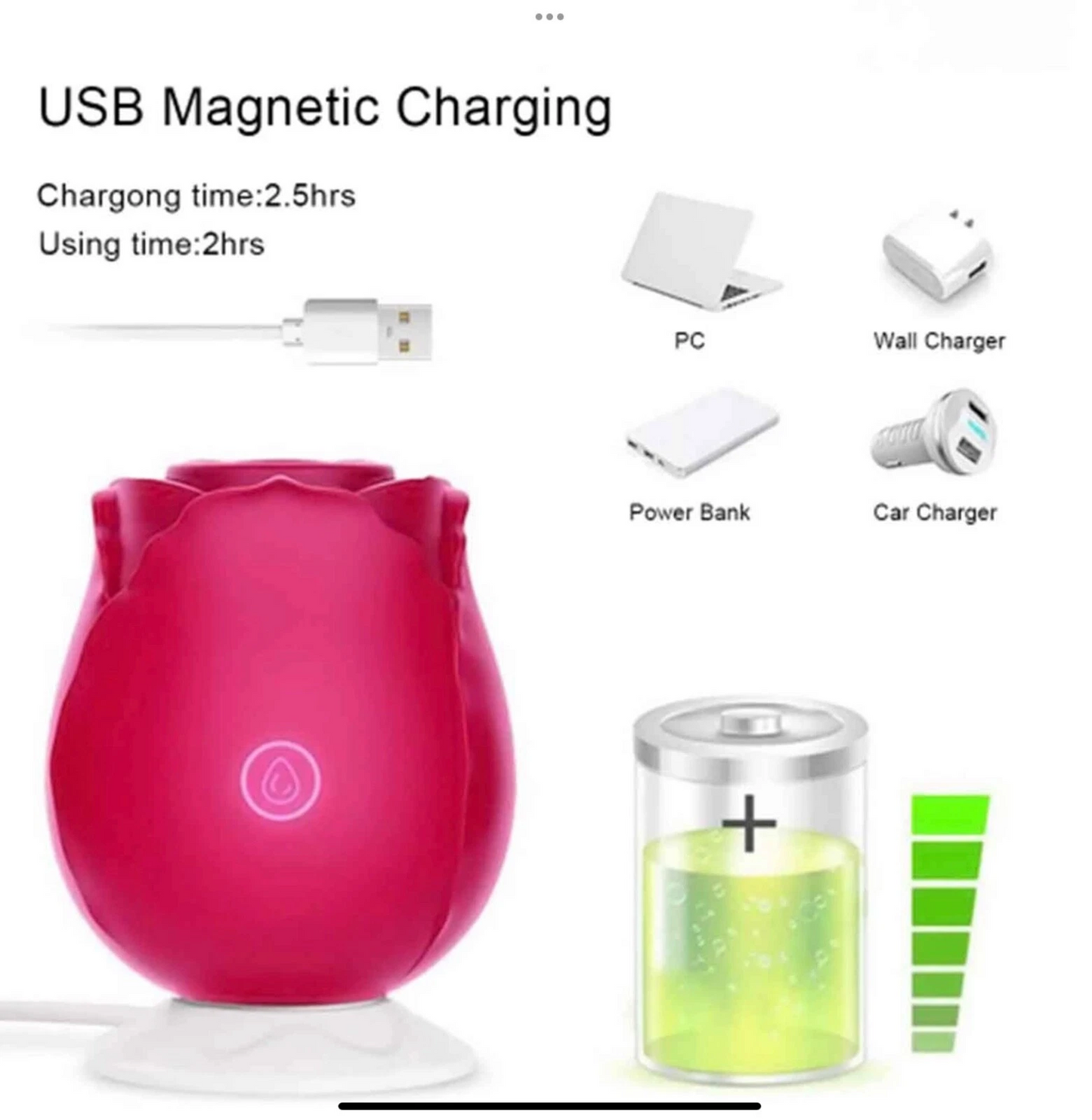 Pink rose-shaped device with USB cable and charging information on a white background