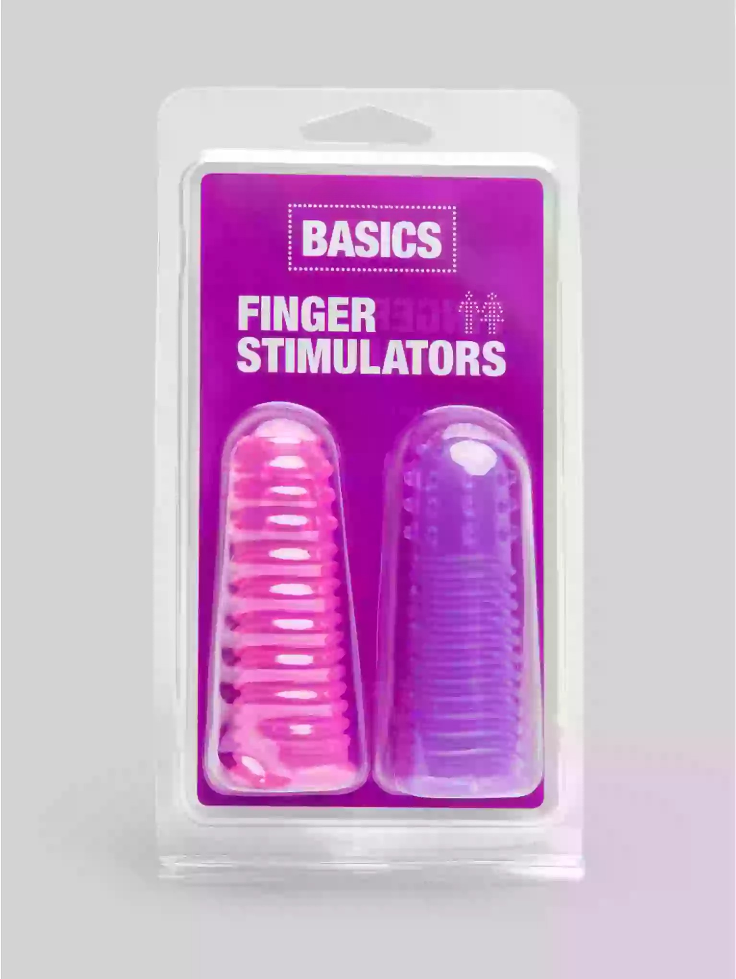 Packaged product labeled 'Basics Finger Stimulators' with pink and purple designs on a gray background.