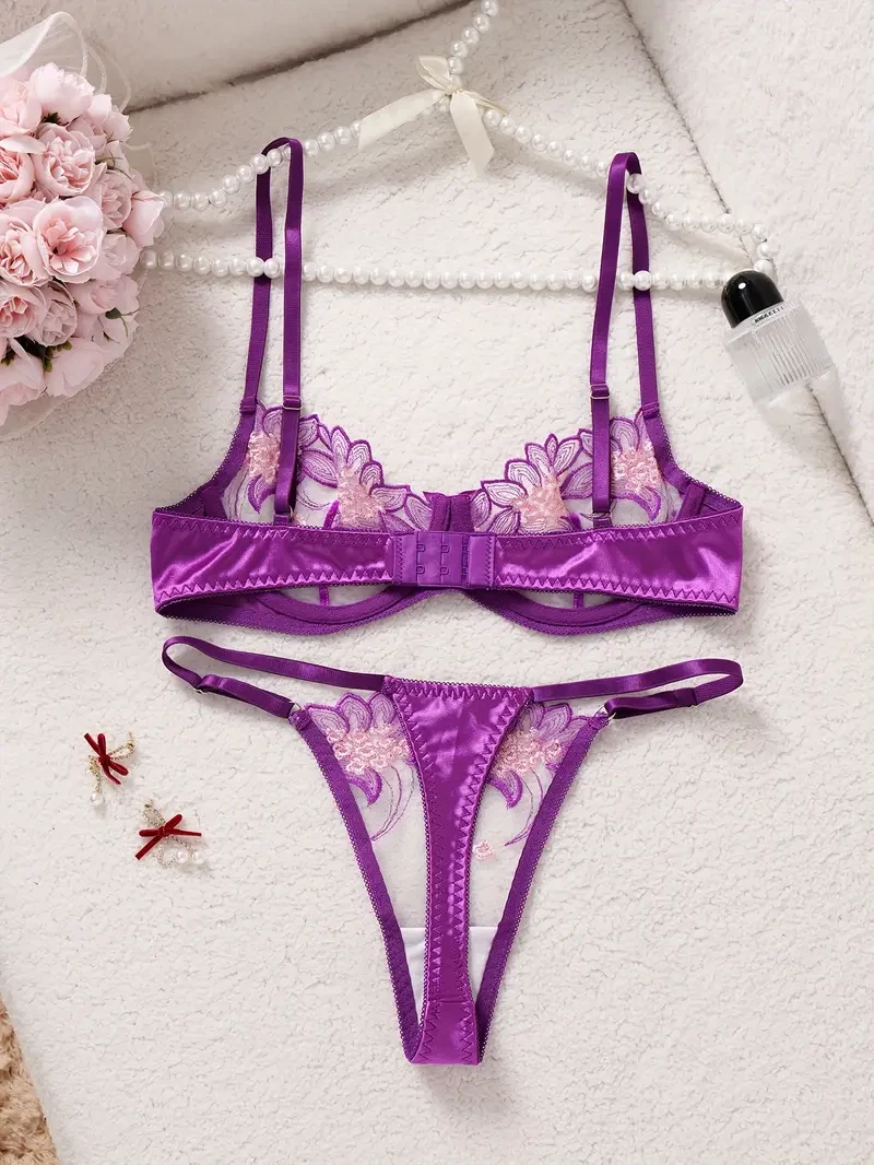 Floral Embroidery Mesh Underwire Bra & Panty Lingerie Set UK