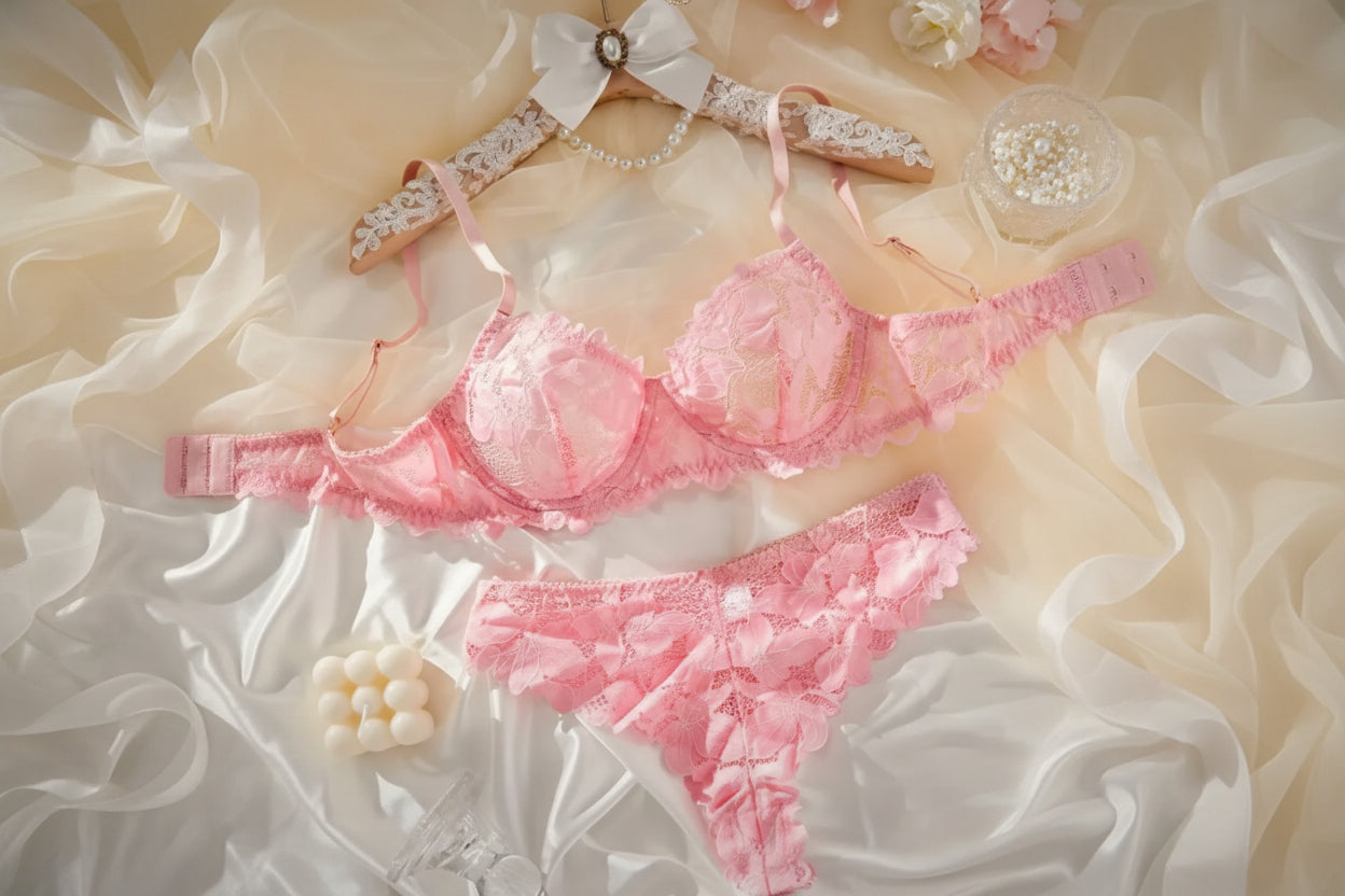 Pink lingerie set on a soft fabric background