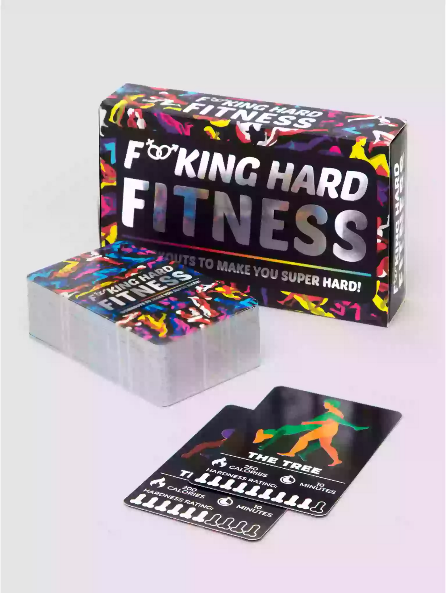 Box of 'F*cking Hard Fitness' cards with colorful design on a white background