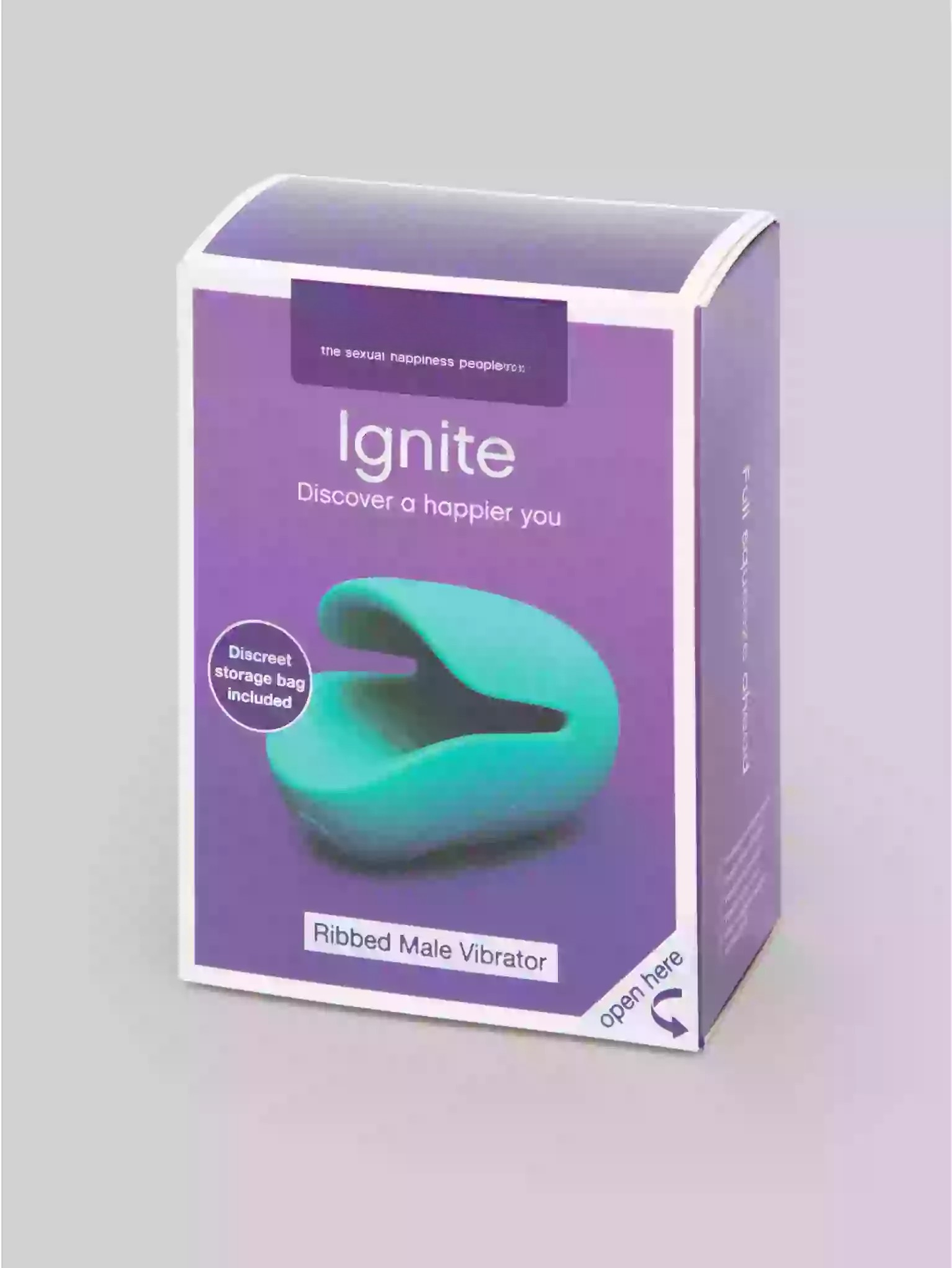 Box of a ribbed male vibrator with 'Ignite' branding on a gray background