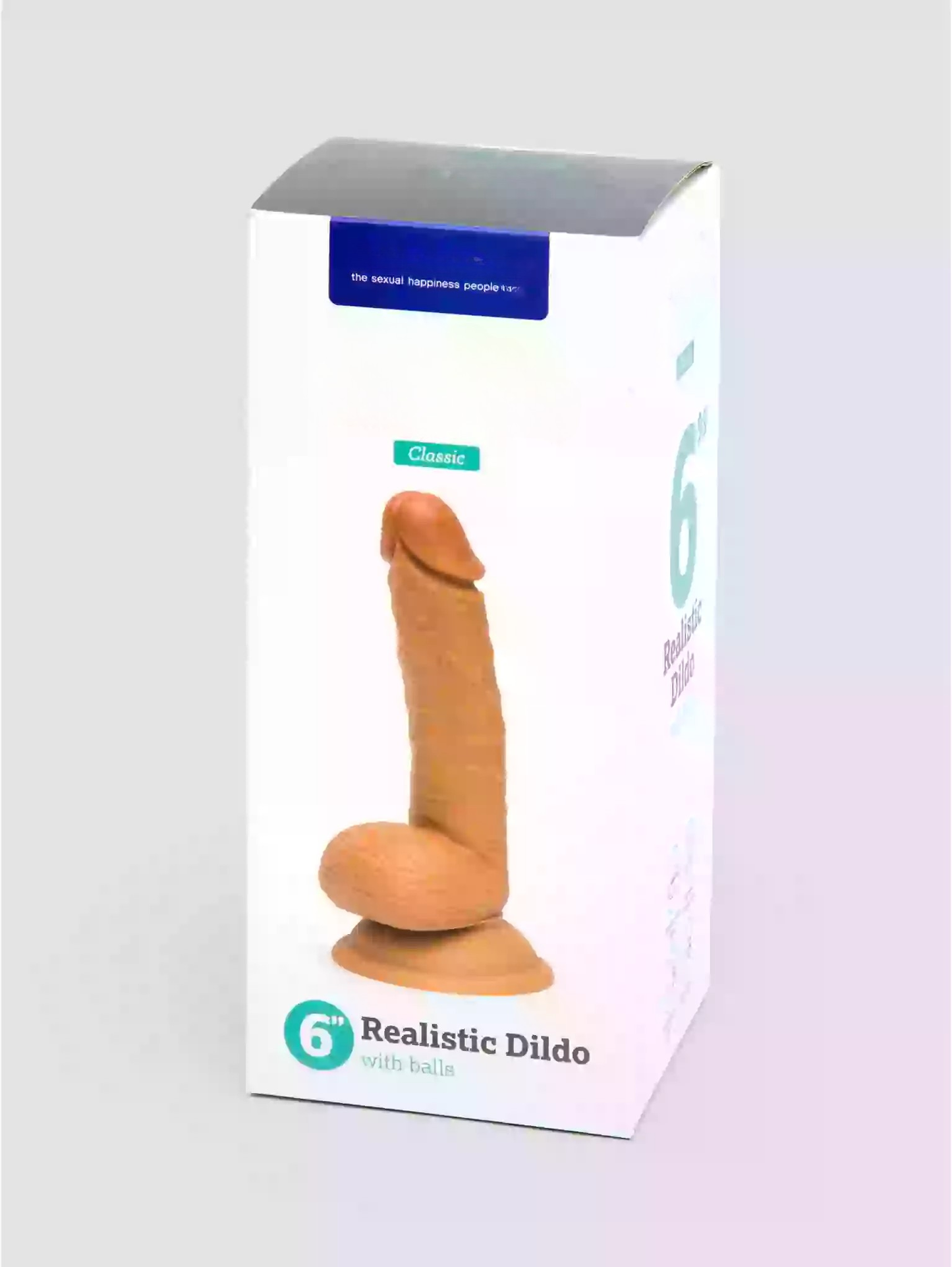 Box of a realistic dildo with visible branding on a light gray background