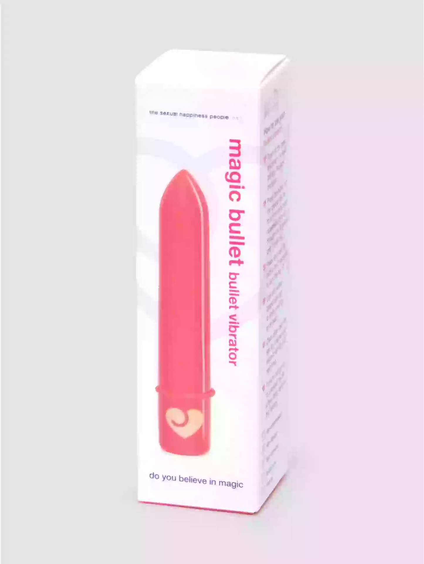 Box of a magic bullet vibrator on a light gray background