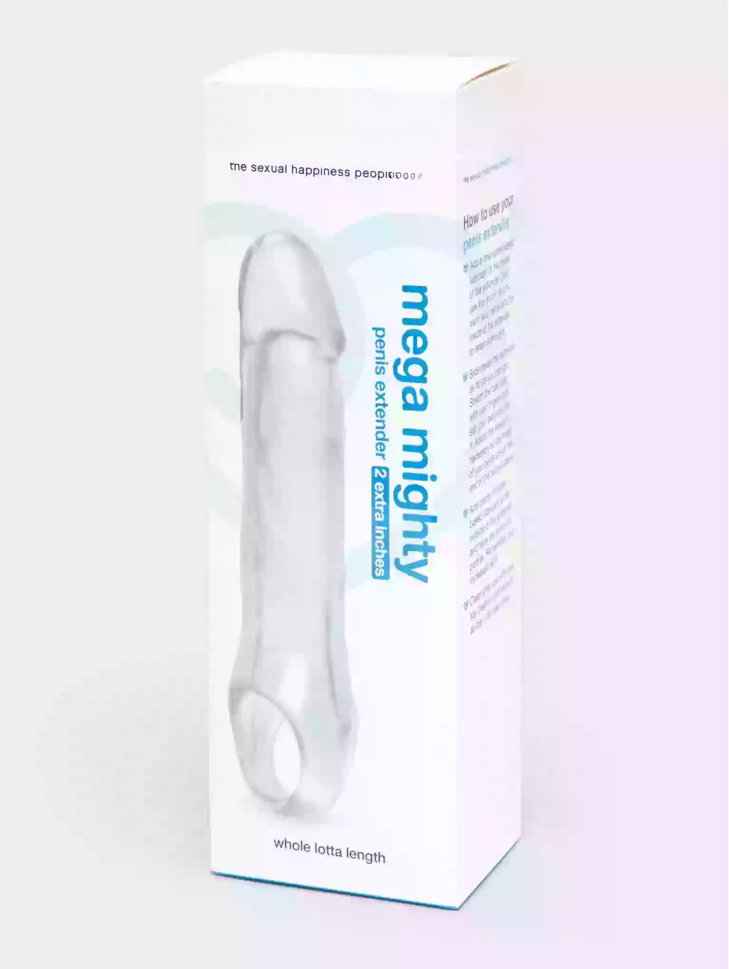 Box of a 'mega mighty' penis extender on a white background