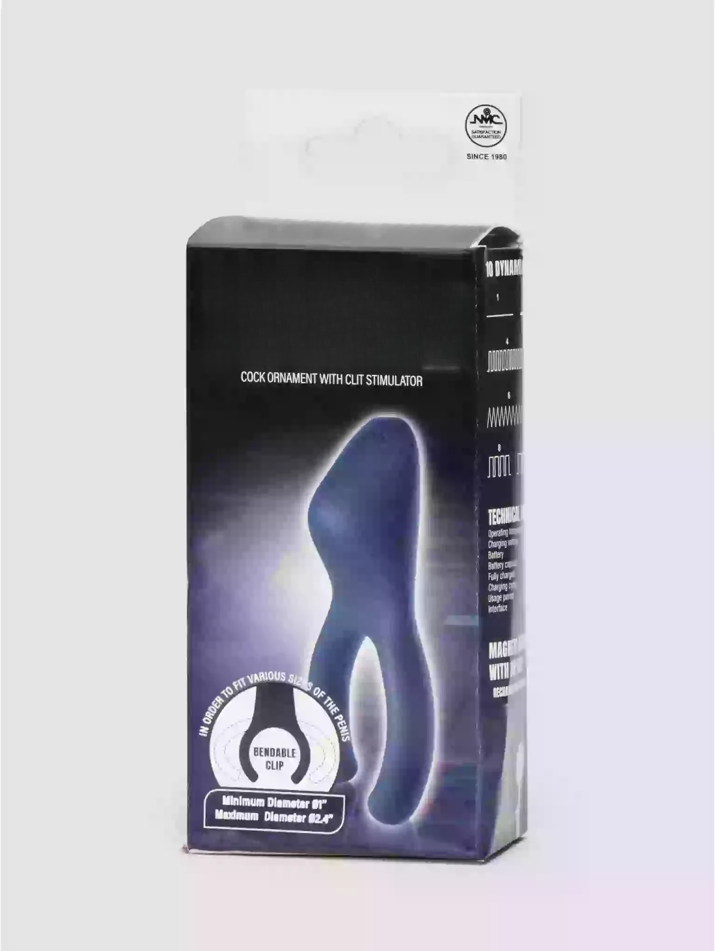 Product packaging with a blue device on a white background