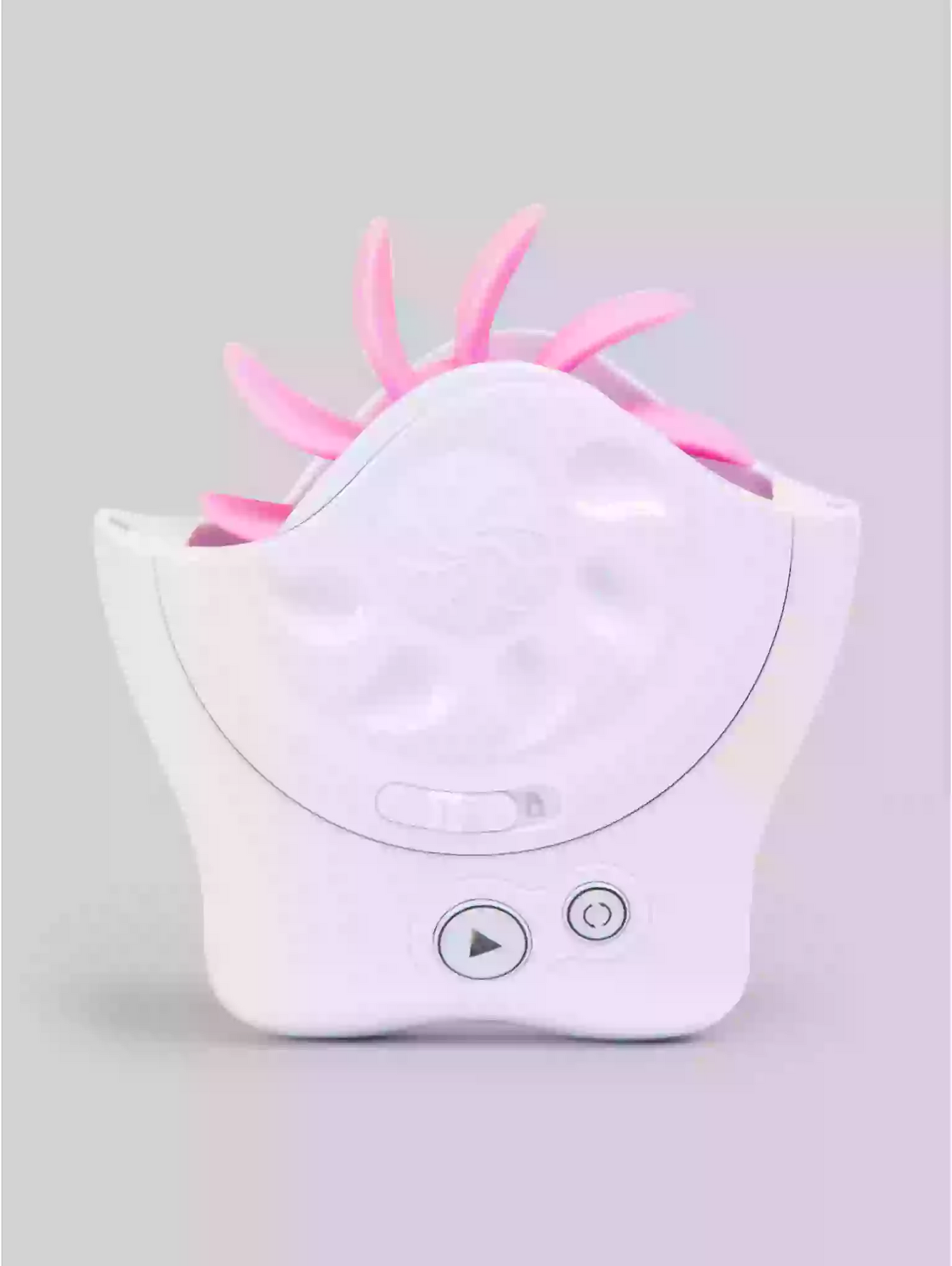 White electronic device with pink antenna-like feature on a gray background