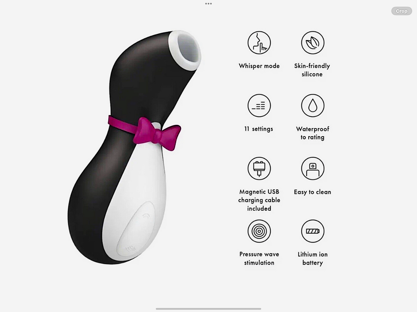 Black and white device with a pink bow, featuring icons and text on a white background.