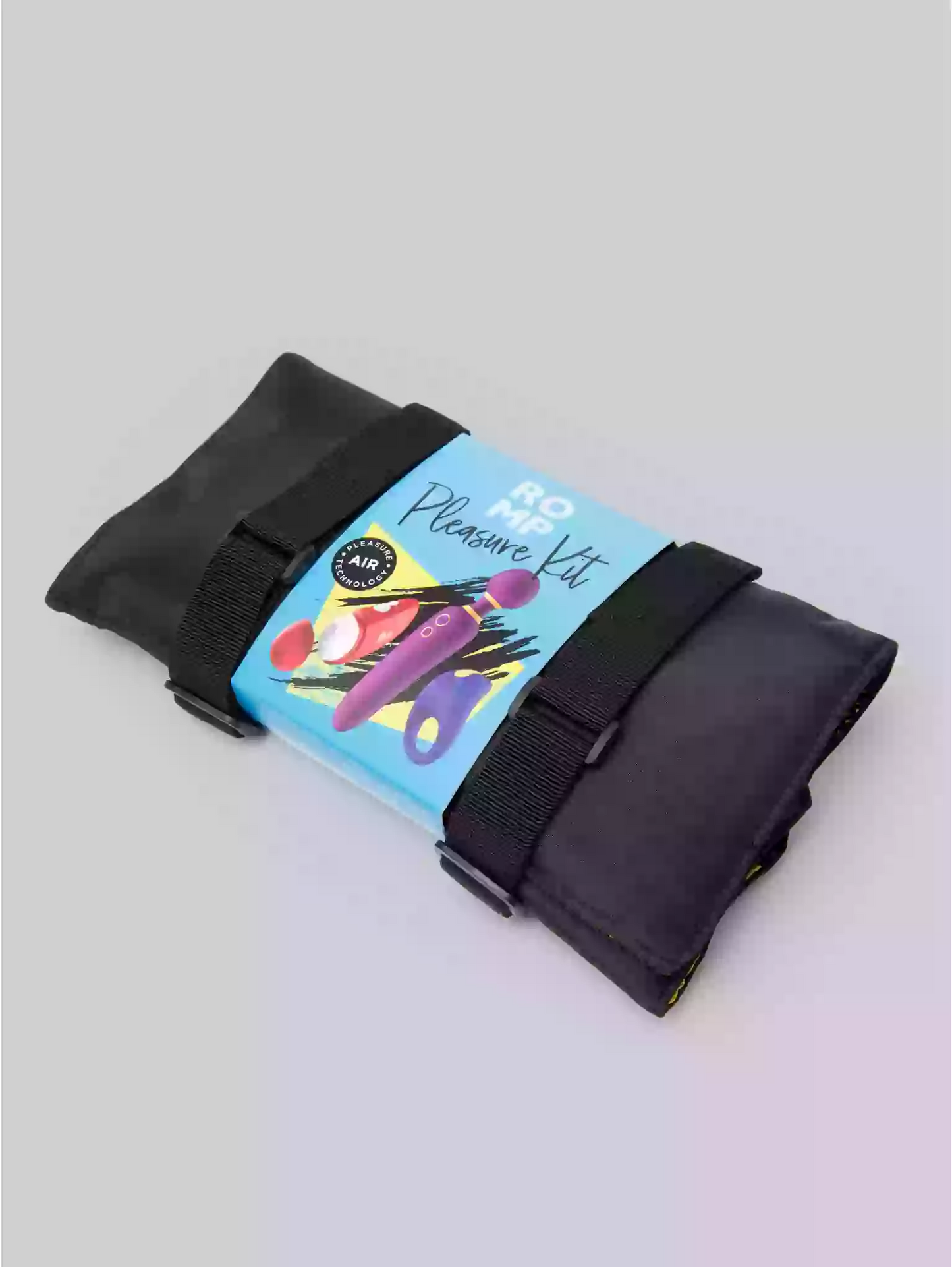 Black carrying case with a colorful label on a light gray background