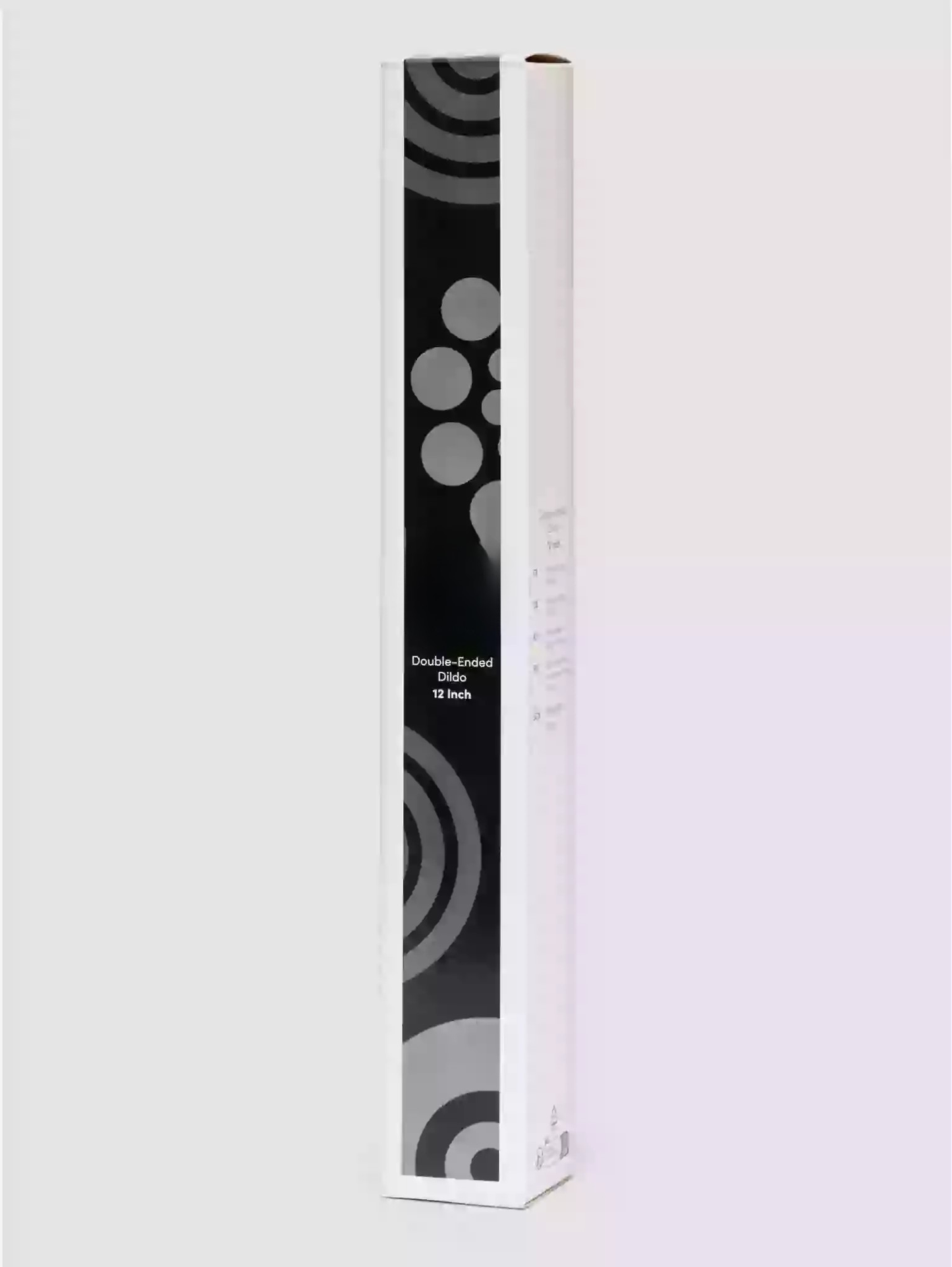 Tall white cylindrical product packaging with black and gray circular design on a white background