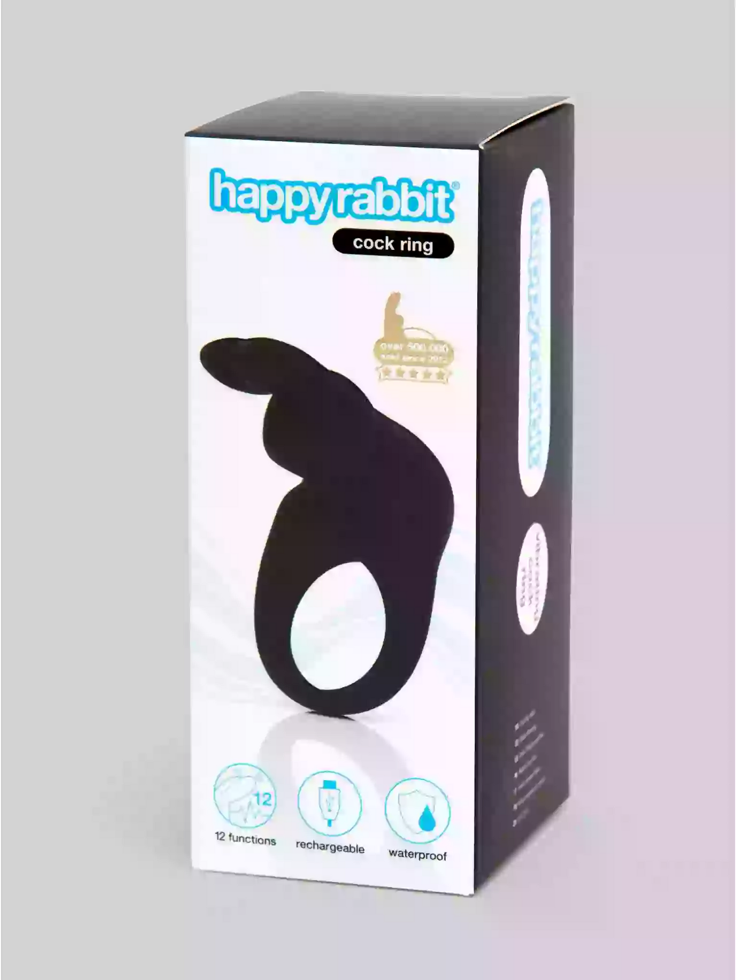 Box of 'happy rabbit' cock ring on a light gray background