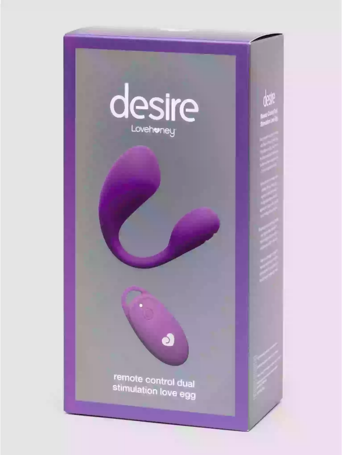 Purple packaging of a remote control dual simulation love egg with 'desire' branding on a light gray background.
