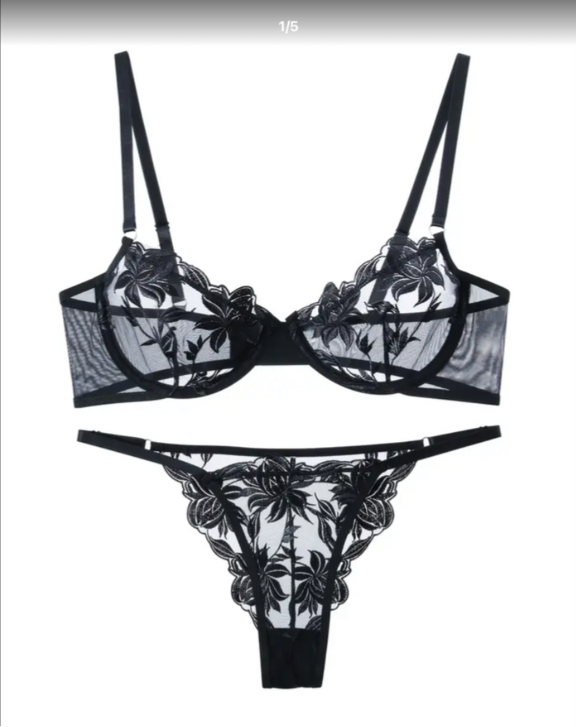 Sensual Embroidered Lace Sheer Bra & Panty Lingerie Set UK