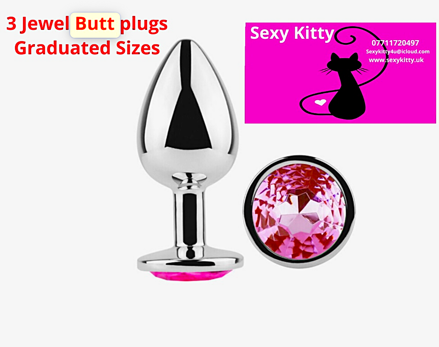 Metallic butt plug with pink gem and 'Sexy Kitty' branding on a white background
