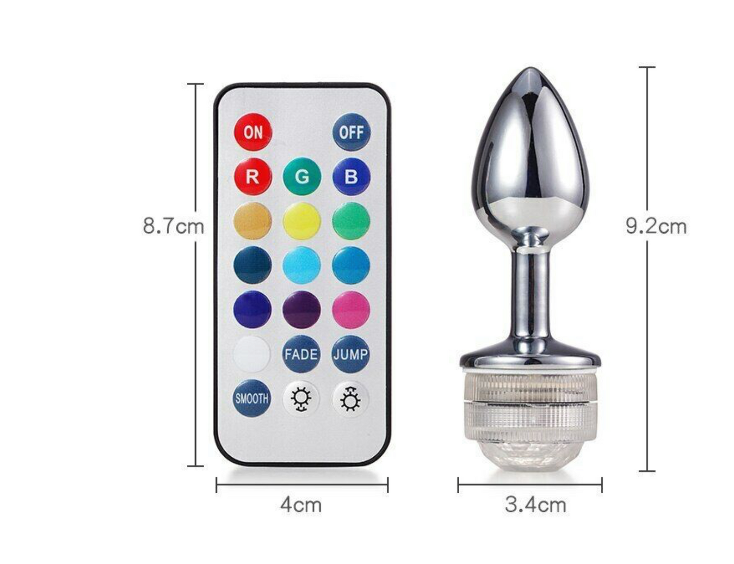 LED light bulb with remote control and measurements on a white background