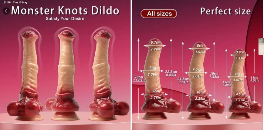 Product display of Monster Knots Dildo with measurements on a pink background