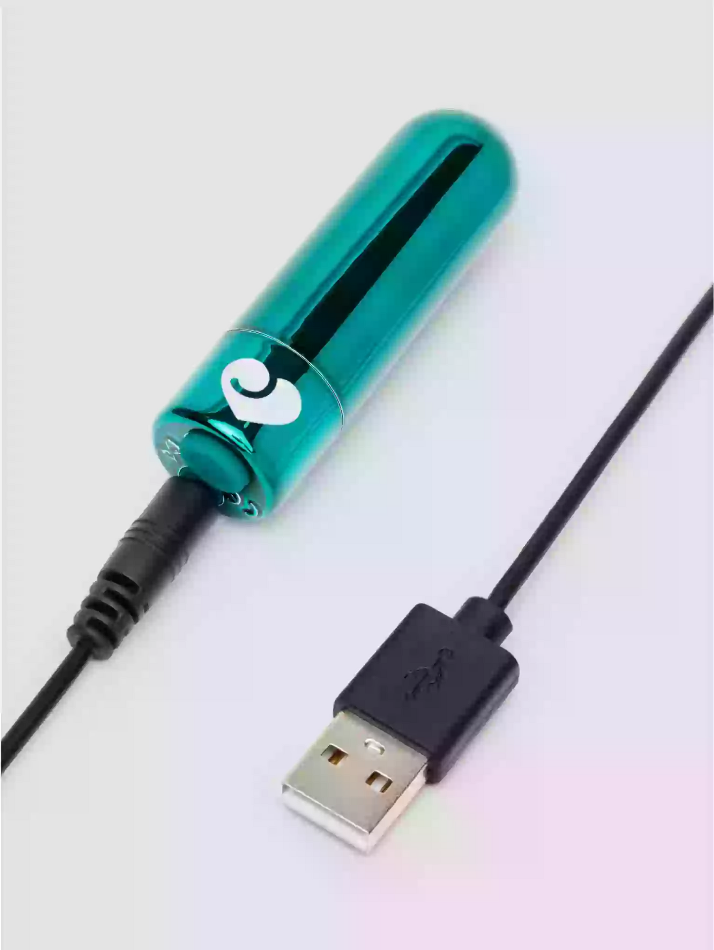 Teal cylindrical device with a USB cable on a light gray background