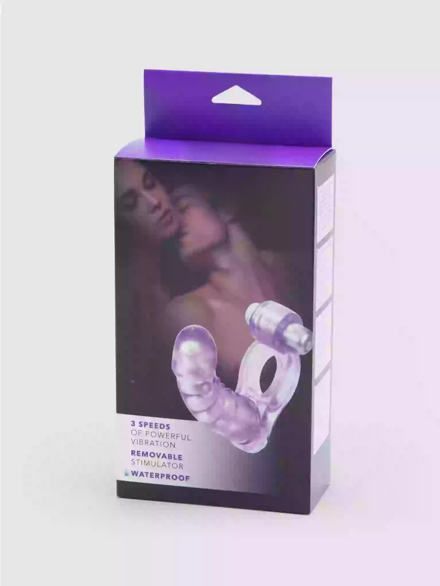 Product packaging with a purple top and black body, featuring an image of a person and product details.