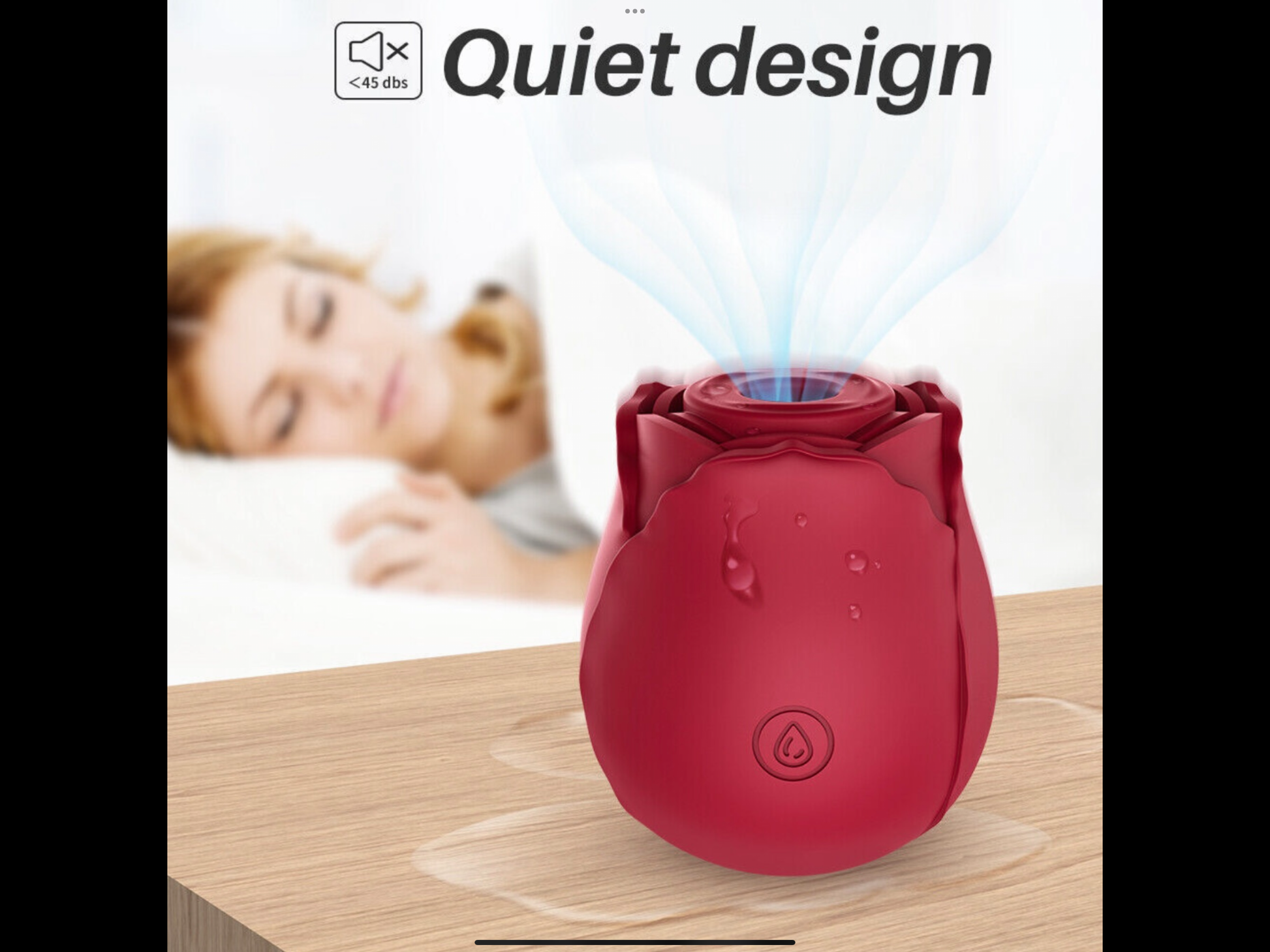 Red noise machine with 'Quiet design' text and a person sleeping in the background