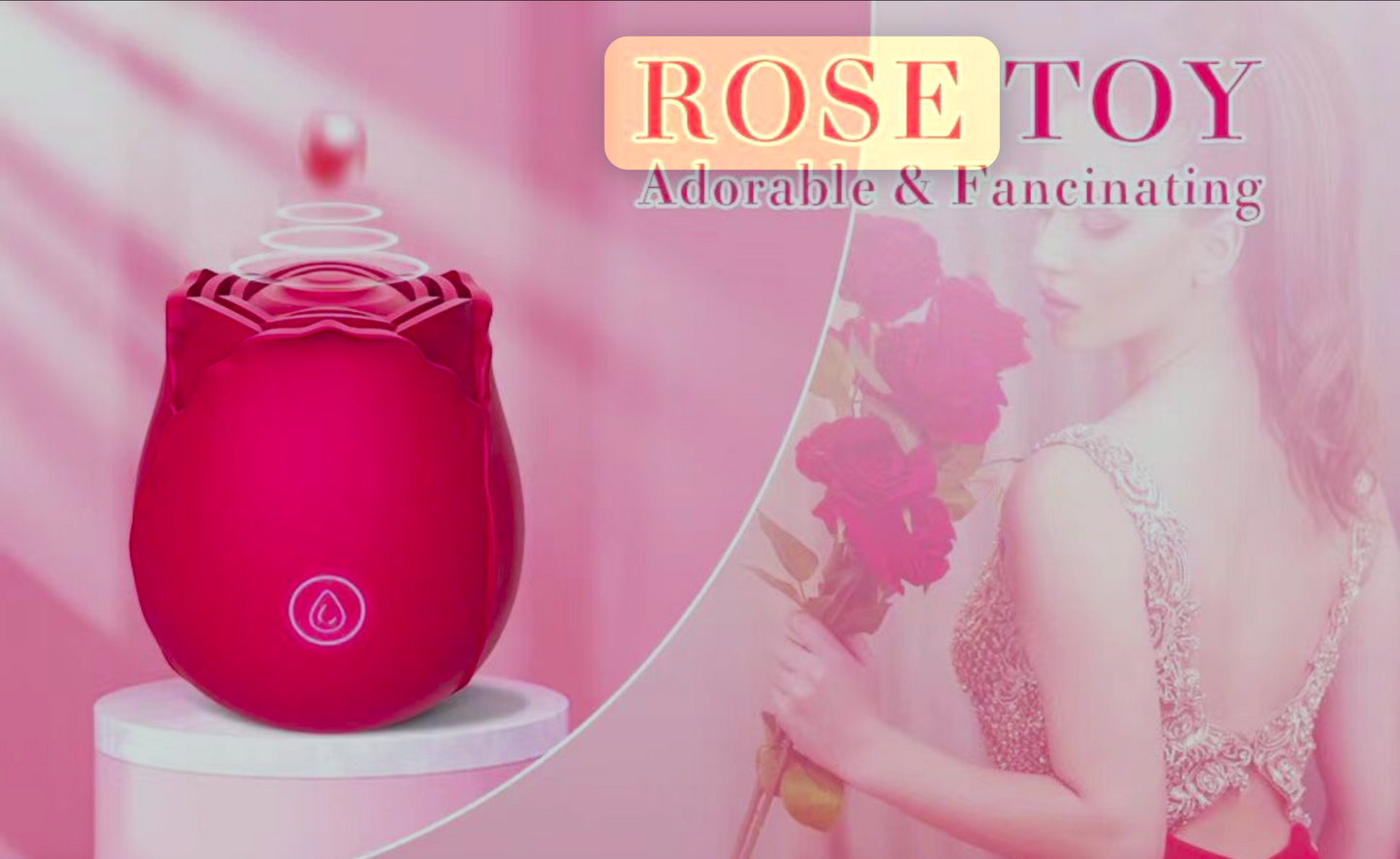 Pink toy with 'ROSE TOY' branding on a pink background