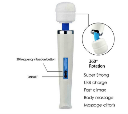 White and blue handheld massager with features highlighted on a white background