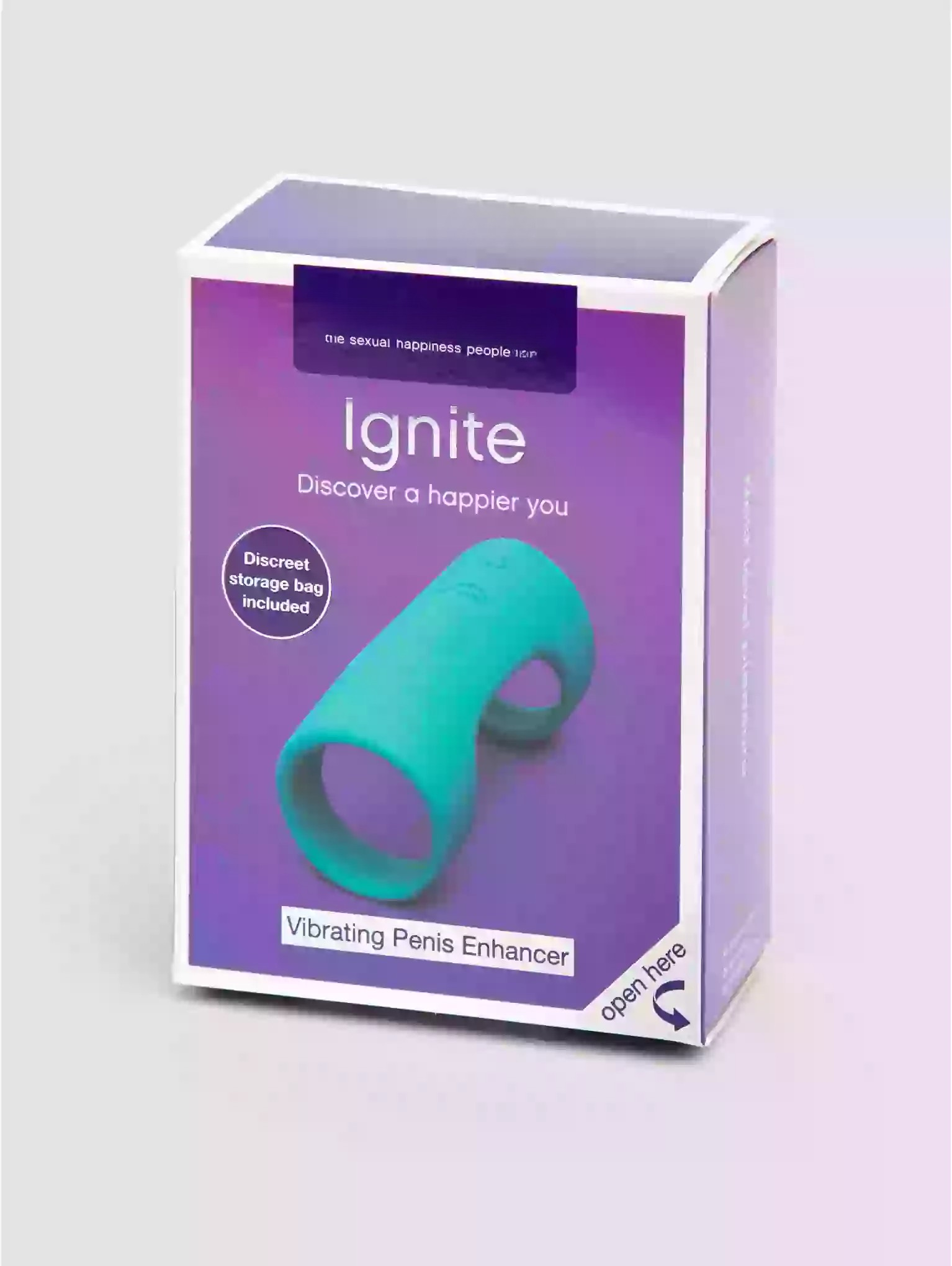 Package of a vibrating penis enhancer with teal device on a purple background