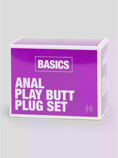 Purple box labeled 'Basics Anal Play Butt Plug Set' on a gray background