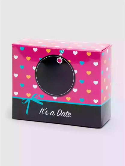 Gift box with heart pattern and 'It's a Date' text on a white background
