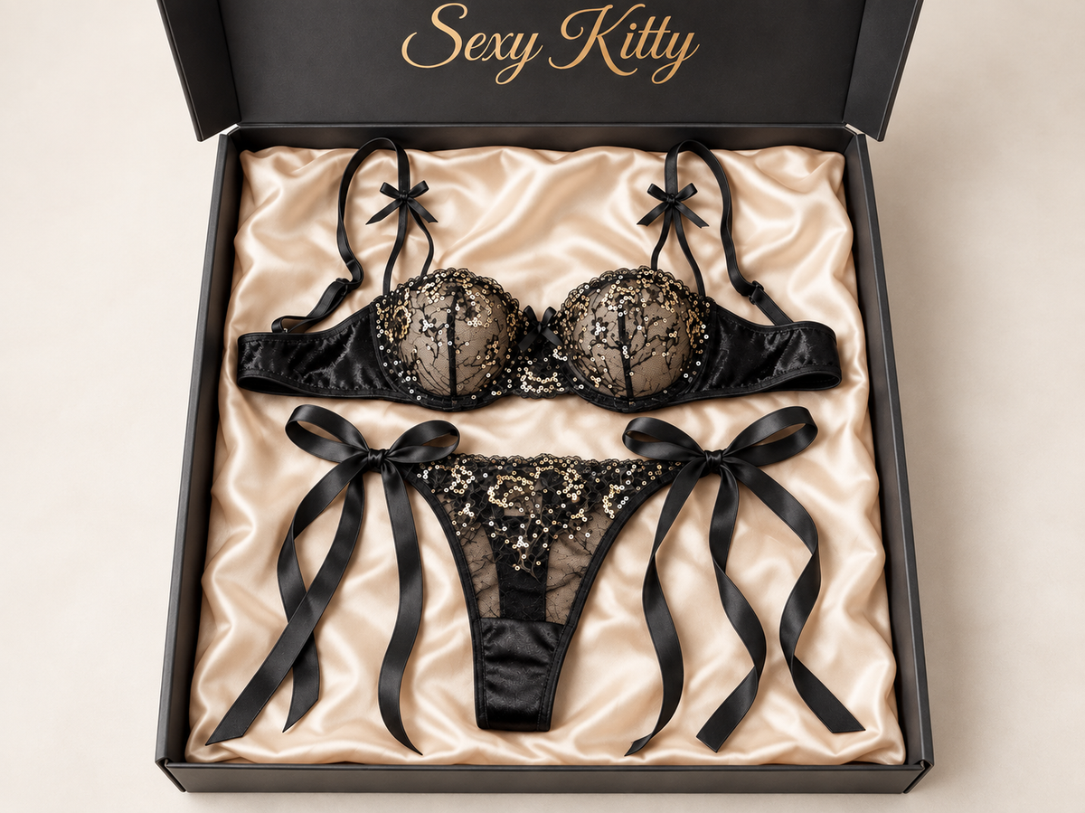 Black sparkly tie me up linger set designer bra set