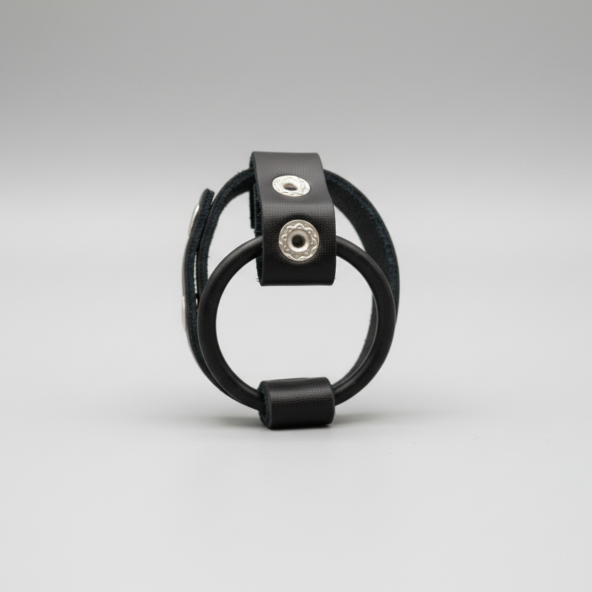 Black leather bracelet with metal clasps on a gray background