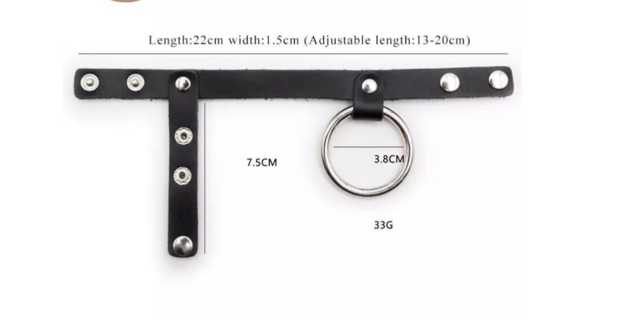 Black leather belt with metal rings and measurements on a white background