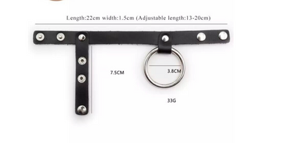 Black leather belt with metal rings and measurements on a white background