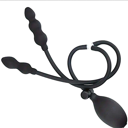 Black silicone leash with two attachments on a white background