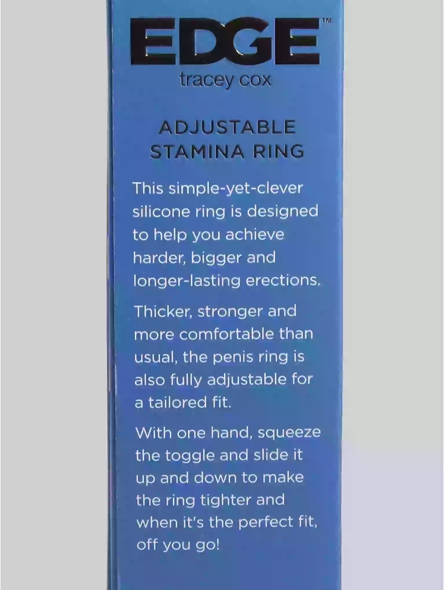 Advertisement for an adjustable stamina ring by Tracey Cox on a blue background