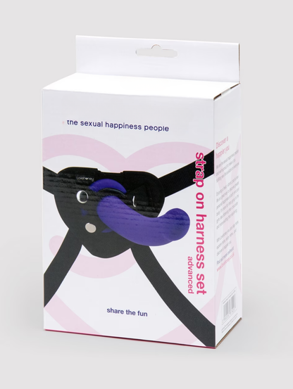 Box of a strap-on harness set with branding on a white background