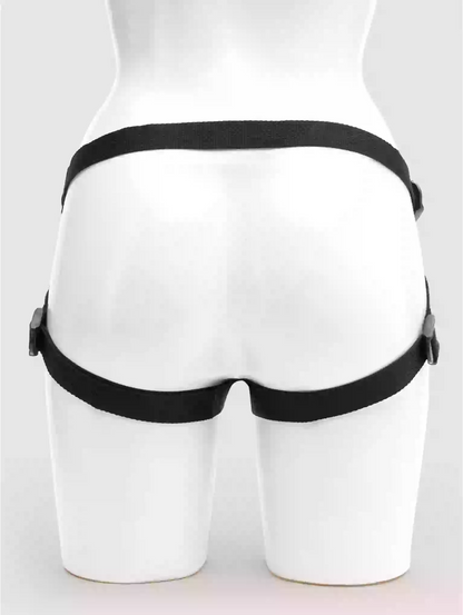 Black garter belt on a white mannequin against a white background