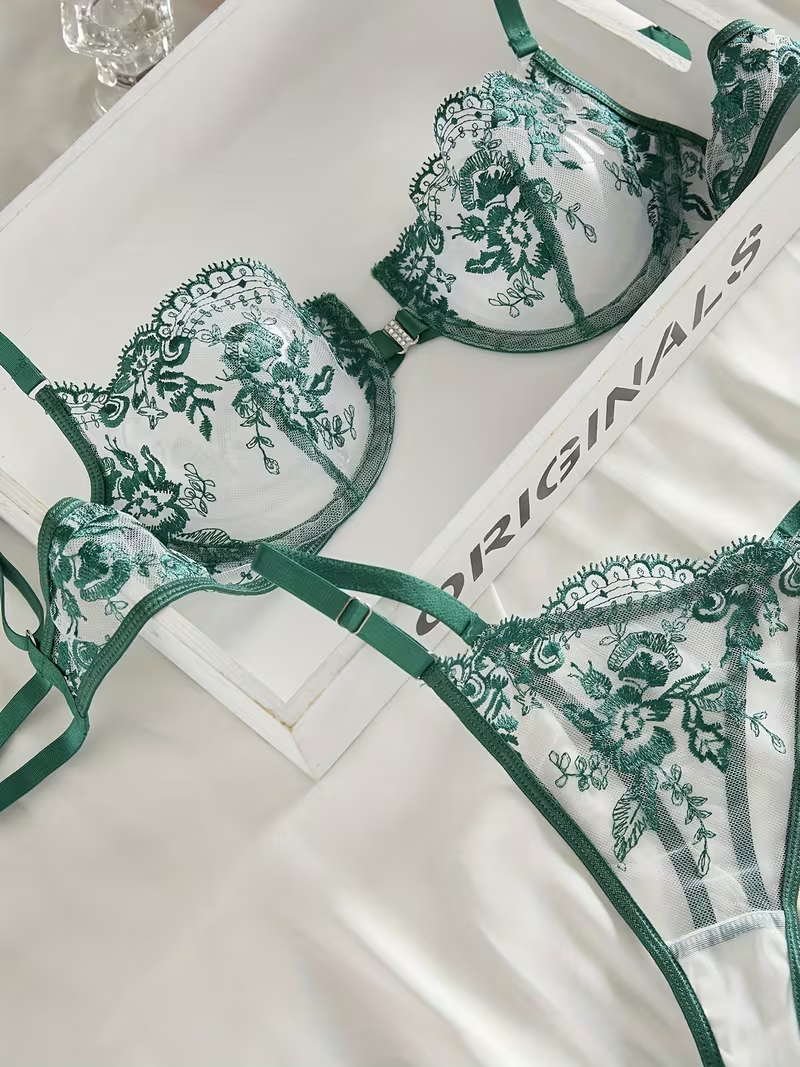 Alluring Floral Embroidery Bra & Panty Lingerie Set UK