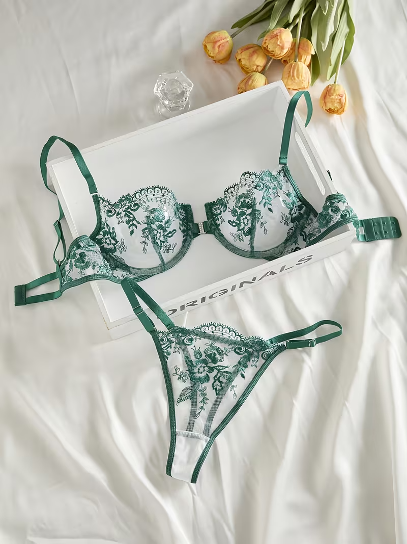 Alluring Floral Embroidery Bra & Panty Lingerie Set UK